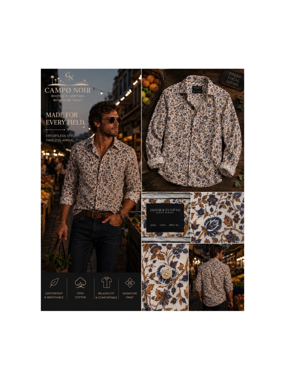 Men's Floral Button-Up Shirt - Blue & Brown